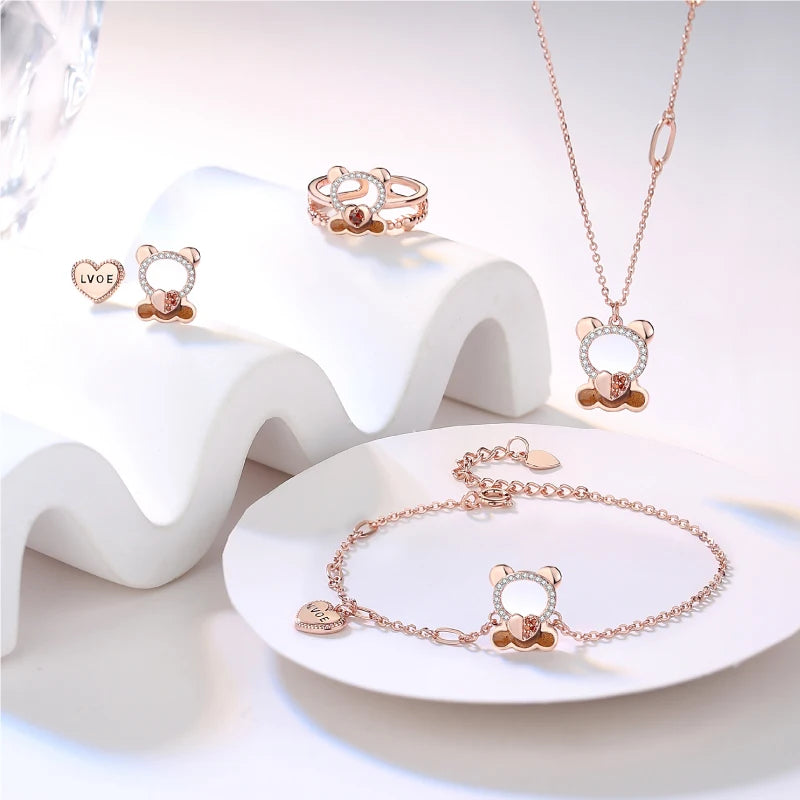 Cute Design 4-Piece 925 Sterling Silver Jewelry Set Fashion Bear Pendant for Lover Girl for Engagement Anniversary Zircon