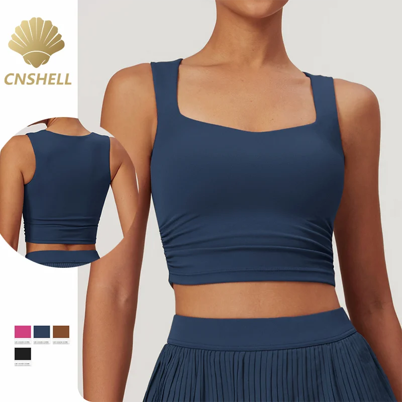 CNSHELL Custom Logo Nylon Nude Sense Wide Shoulder Strap Removable Chest Pad Yoga Fitness Running Workout Gym Top