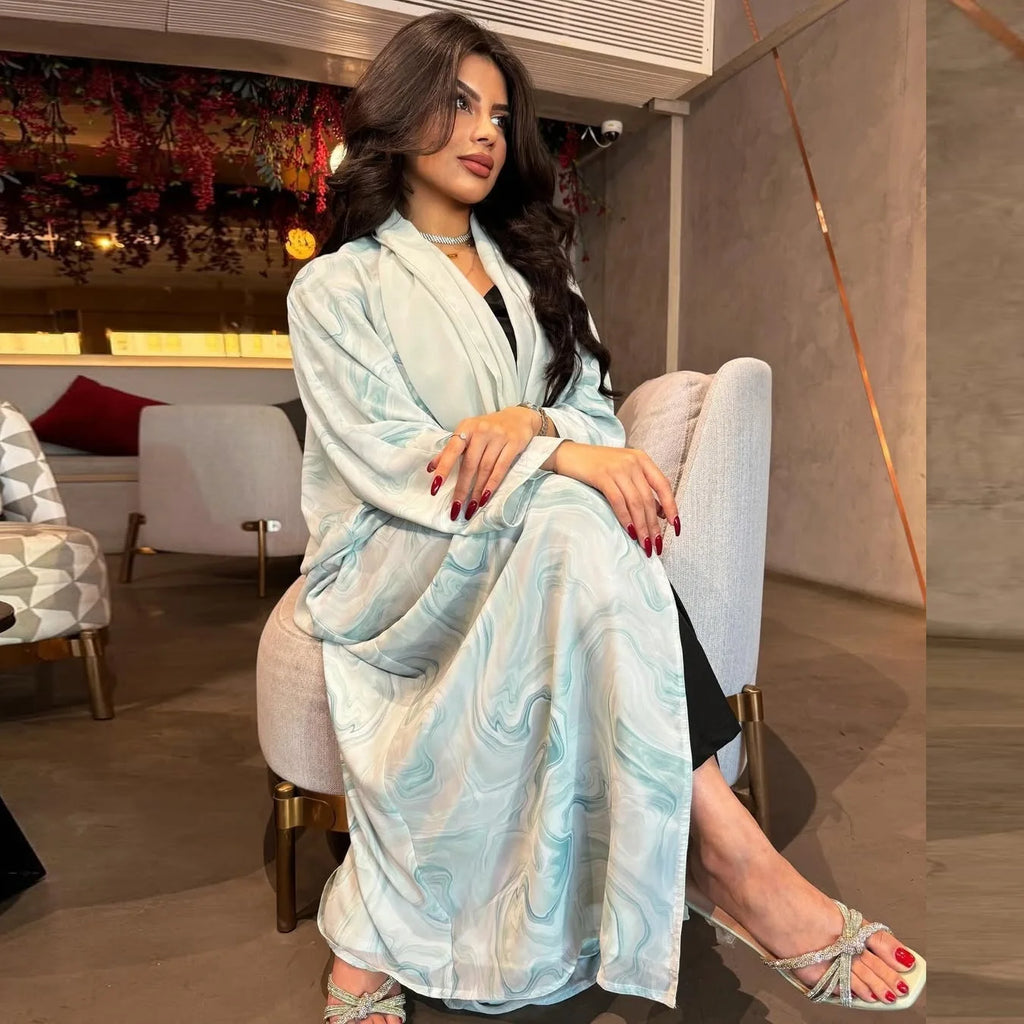 2026 Muslim Light Blue Cardigan Dress Dubai Women Print Chiffon Open Abaya with Hijab Sets