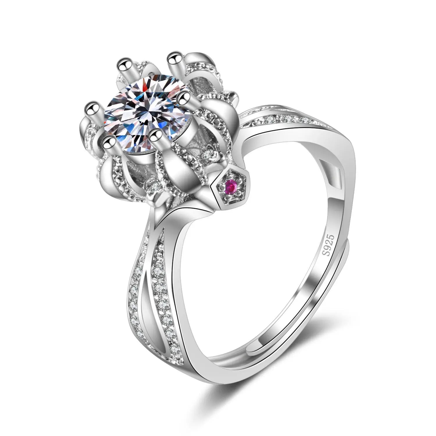 Silver Plated Wedding Ring For Women Luxury Delicate Engagement Rings Lucky Flower Moissanite Diamond Open Adjustable Ring
