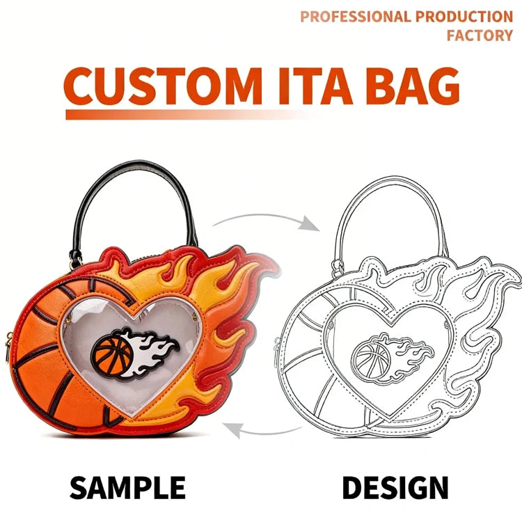Custom Novelty Shape Sports Theme Ita Bag Basketball Flame Heart Shaped Clear Window Purse for Anime Pins Display