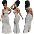 Elastic Polyester Dress for Summer Women Backless Bandage Long Maxi Stripe Slip Dress