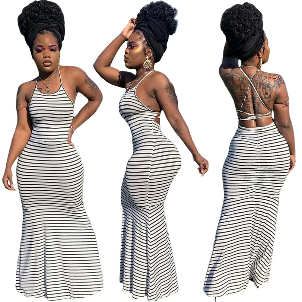 Elastic Polyester Dress for Summer Women Backless Bandage Long Maxi Stripe Slip Dress