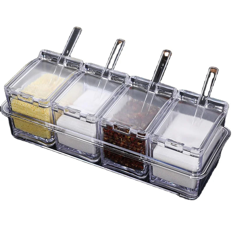 Hot Selling Kitchen Supplies 4 Pieces Transparent Clamshell Acrylic Spice Jar Seasoning Storage Boxes Set with Long Spoon