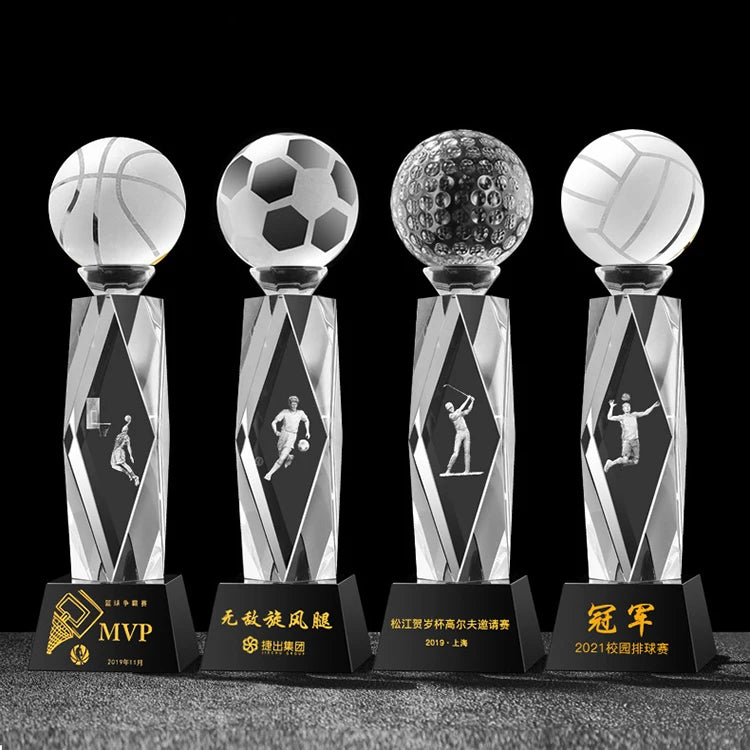 Guangzhou Wholesale Luxury Folk Art Engraved Sandblasted K9 Crystal Award Golf Basketball Trophy Base Custom Logo Gift Box