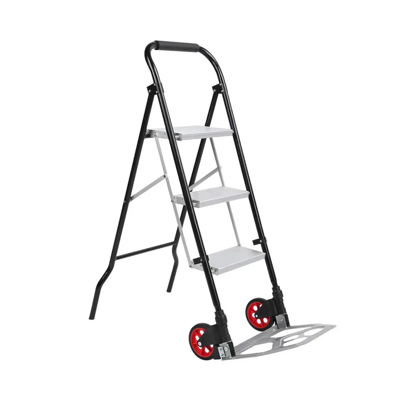 Modern Folding Ladder with 13cm Wheels 2 Steps Portable Warehouse Handcart 150kg Load Capacity Carbon Steel