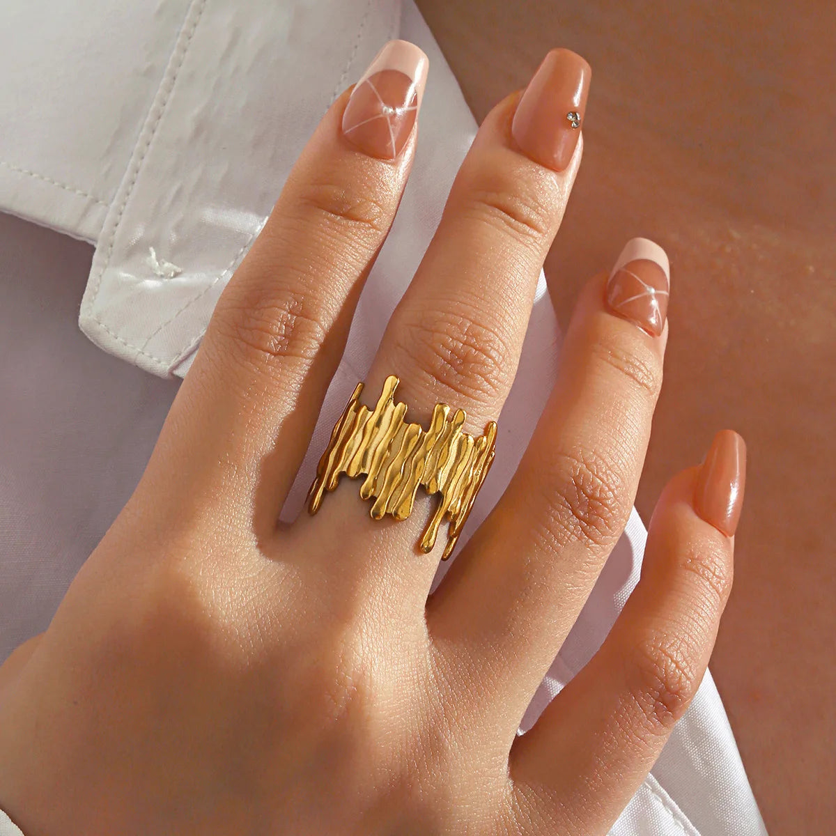 Trendy Look 18k Gold Stainless Steel Geometric Minimalist Asymmetrical Adjustable Open Rings