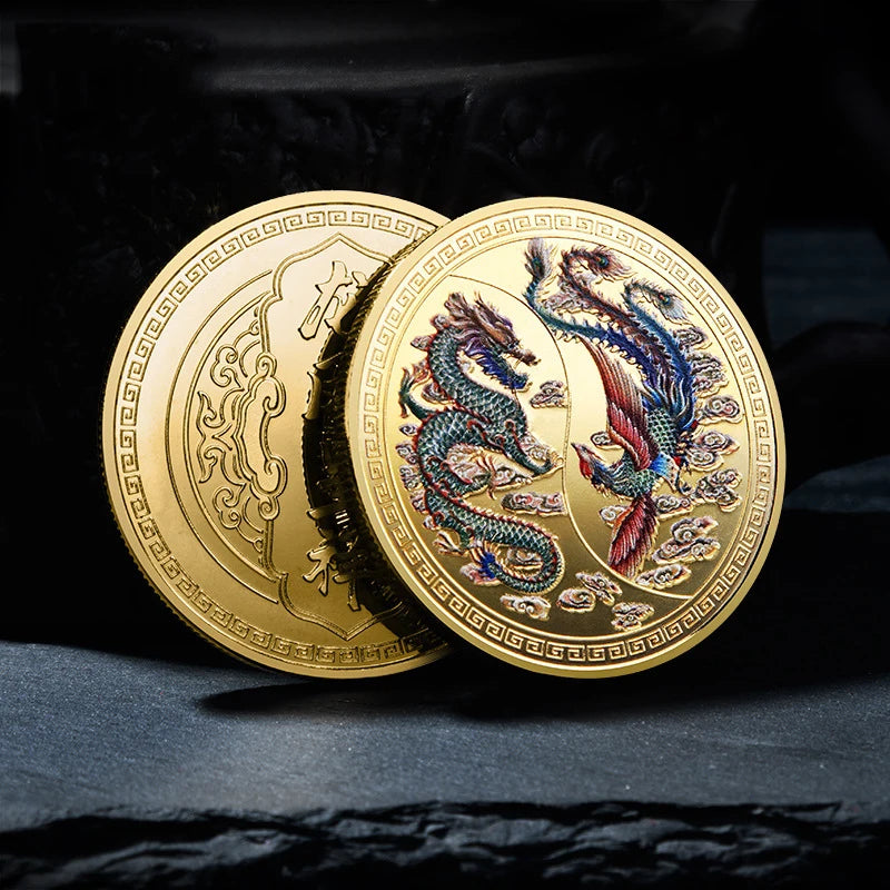 High Quality China Style Metal Craft Coin Dragon and Phoenix Color Silver Gold Plated Coins