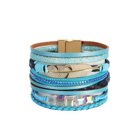 2024 New Bohemian Wide Leather Feather Bracelet With Clasp Shape Buckle Multilayer Braided Leather Cuff Bracelet