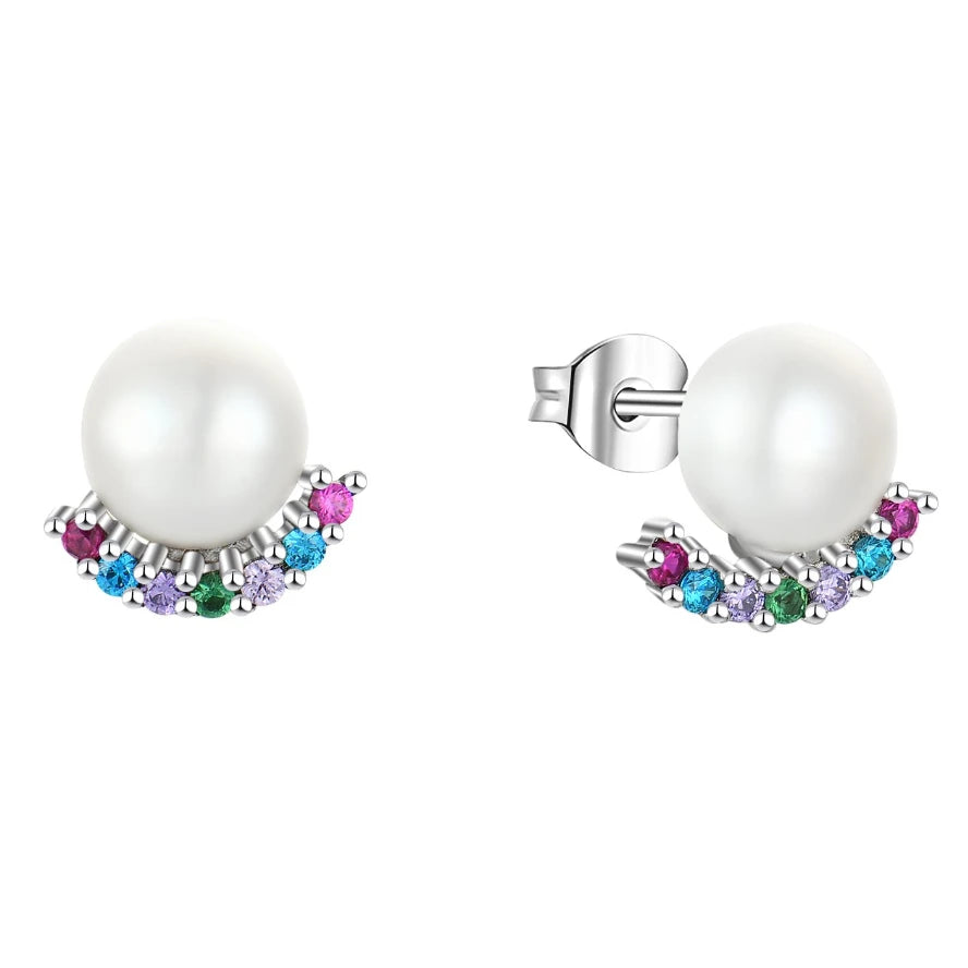 YILUN 925 Sterling Silver Pearl Earrings Colorful Cubic Zirconia Rhodium Plated Hypoallergenic Jewelry Engagement Women Earrings