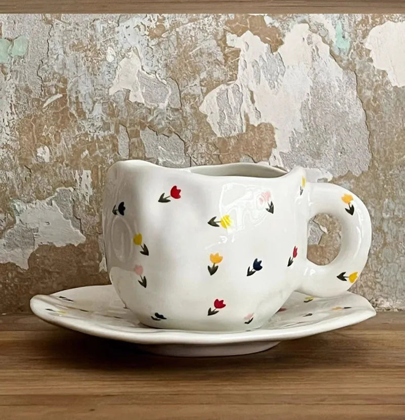 Irregular Ceramic Mug Lovely Tulip Flower Coffee Cups Hand Pinch Personalized Milk Coffee Mug With Saucer