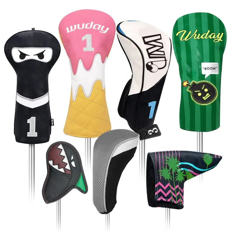 Custom Embroidery Printing Custom Design PU Leather Ninja Golf Driver Headcover Fairway Hybrid Shark Iron Beach Blade Putter