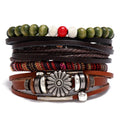 Vintage Woven Leather Ethnic Geometric Multilayer Handmade Genuine Leather Beaded Bangles Wedding Gift Adjustable Size