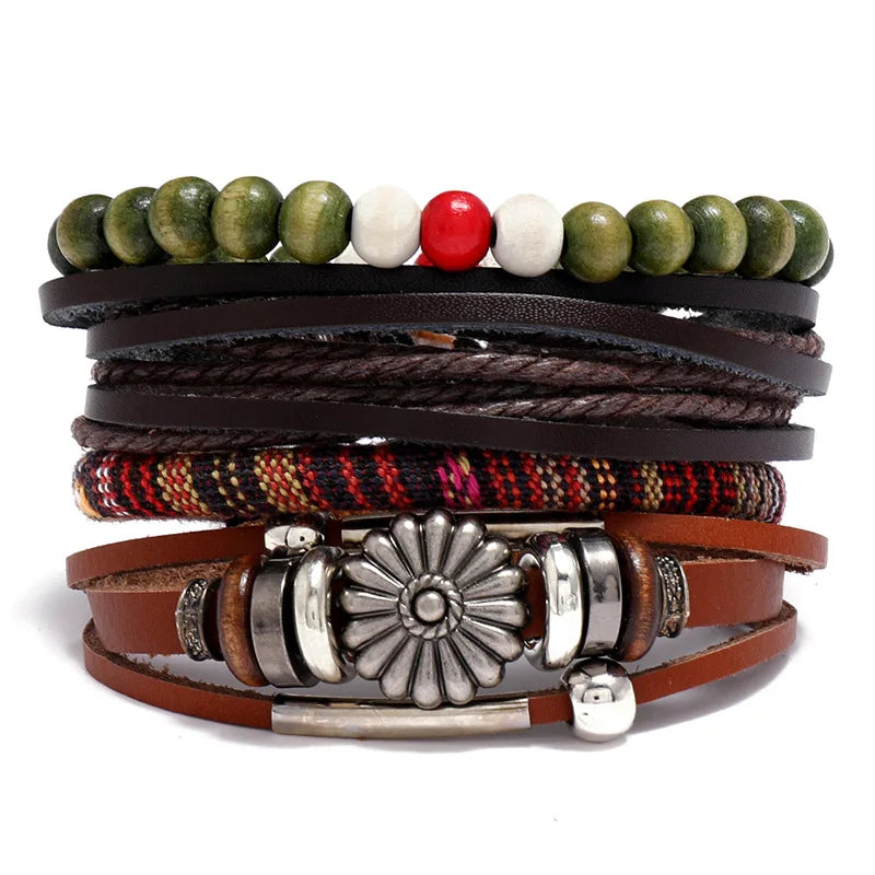 Vintage Woven Leather Ethnic Geometric Multilayer Handmade Genuine Leather Beaded Bangles Wedding Gift Adjustable Size