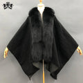 Elegant Black Fur Cape Women Winter Jacket Handmade Cashmere Fur Coat Wool Poncho With fox Fur Collar