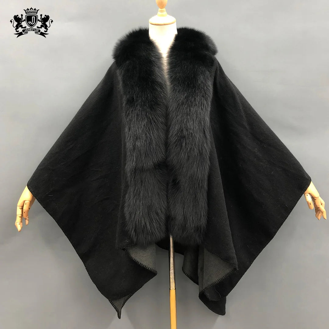 Elegant Black Fur Cape Women Winter Jacket Handmade Cashmere Fur Coat Wool Poncho With fox Fur Collar