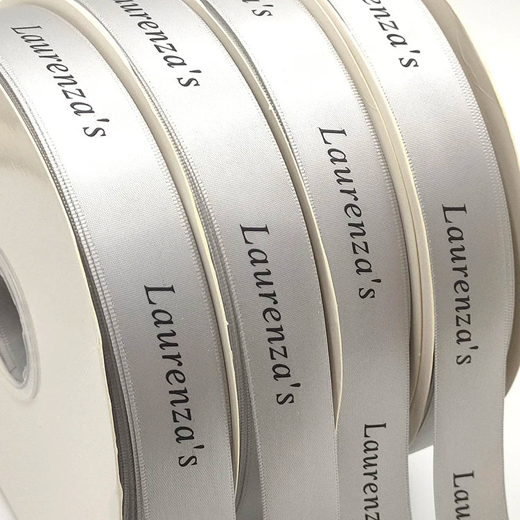 Wholesale Custom Gift Silk Ribbon logo Satin Good Quality 7/8 Inch 22 mm Printed Letters Grey Polyester Satin Ribbon