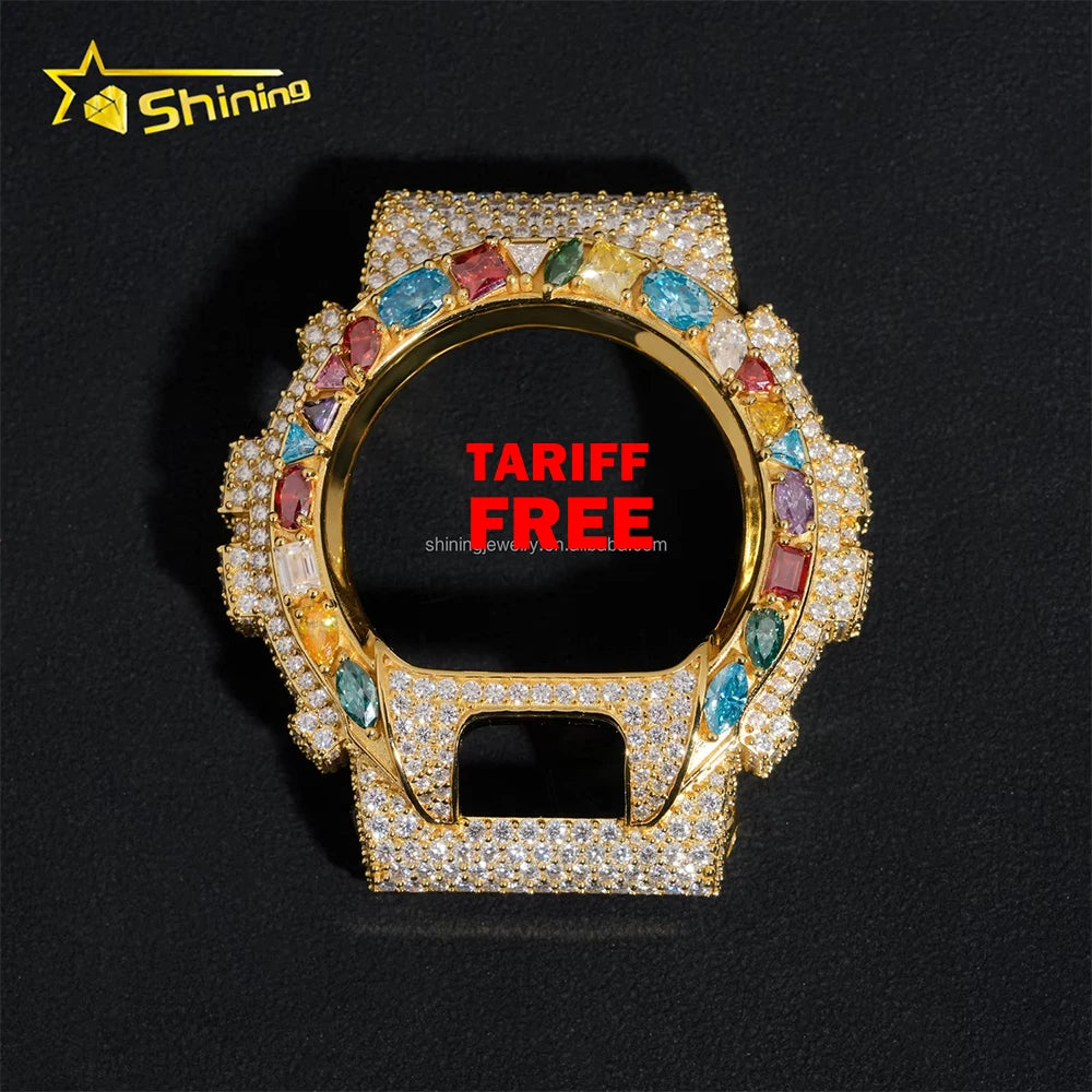 New Arrival  Custom Colorful Moissanite Watches Case Fashion 925 Silver 18K White Gold Plated Iced Out Diamond Watches Bezel