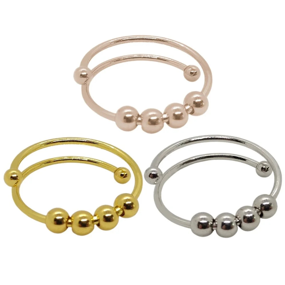 2023 Hot Sale Double Layer Rotatable Round Bead Ring Stainless Steel Ring Meaningful Relief Rings for Women Men
