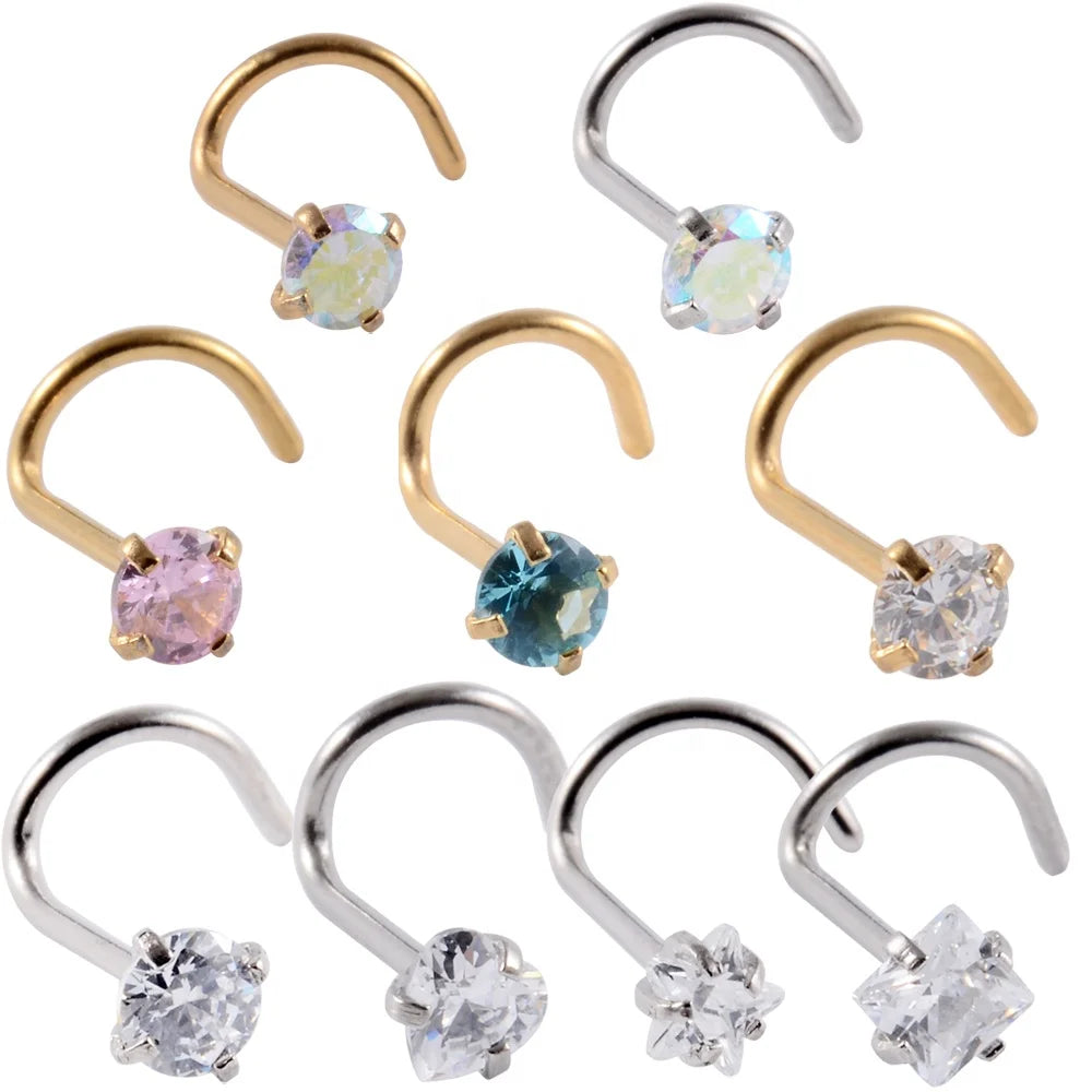 20G Surgical Steel Twisted Gold Color Nose Studs Screw Ring Body Piercing 4 Shapes Zircon Nose Ring Nostril Jewelry Wholesale