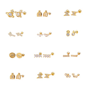 Simple Minimalist Tiny Bone Stud Piercing Jewelry Lighting Evil Eye CZ T-bar Ear Bone Clip Stud Earrings Gold Plated Earrings