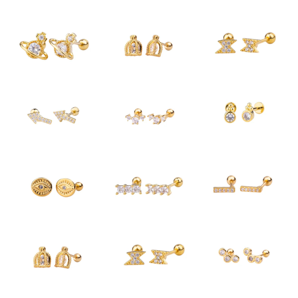 Simple Minimalist Tiny Bone Stud Piercing Jewelry Lighting Evil Eye CZ T-bar Ear Bone Clip Stud Earrings Gold Plated Earrings
