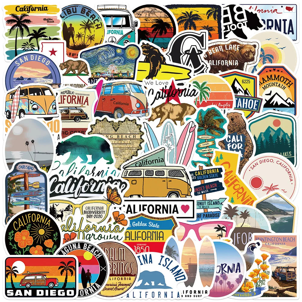 50Pcs California Scenery Iconic Landscape Graffiti Stickers for Laptop Notebook Bottle Bag Waterproof Custom Label