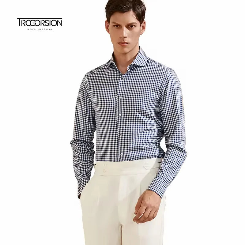 Wholesale Men's Spring New Top Blue Plaid 100% Cotton Dress Shirt with Long Sleeves Casual Slim Men's Casual  Shirt