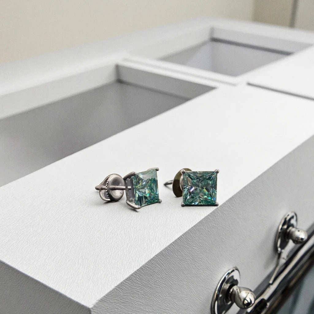 14k Gold Fancy Moissanite Earring Blue Moissanite Princess Cut Lab Grown Stud Earrings Screw Backs Wedding Earrings Design