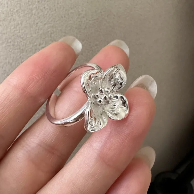 Vintage Geometric 925 Sterling Silver Big Flower Adjustable Rings for Women