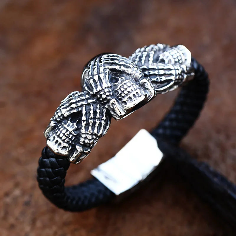 SSL-068L New Arrival Leather Steel Skull Bracelet Skeleton Bangle Cool Biker Accessories Jewelry for Men Gift