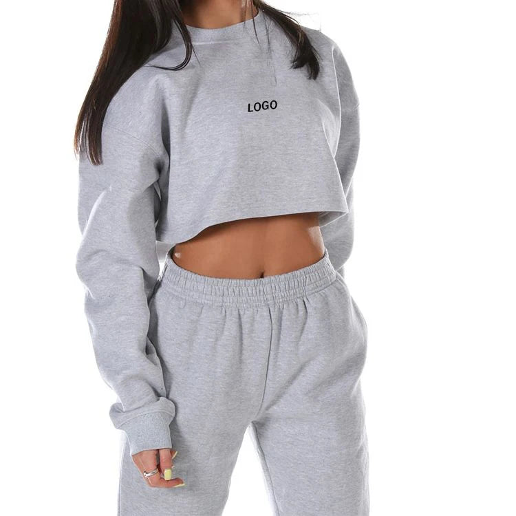 L230490 Custom Wholesale Crew-Neck Cotton Terry Drop Shoulder Crop Sweatshirt And Jogger Two Piece Set Women Clothing