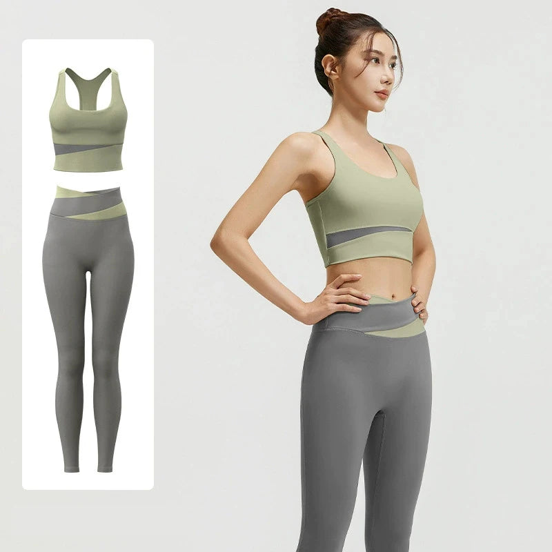 2026 Best Selling Custom Fitness Racer Back Nylon Sports Bra Leggings Set Patchwork Two Pieces Crossover Leggings and Sports Bra Set