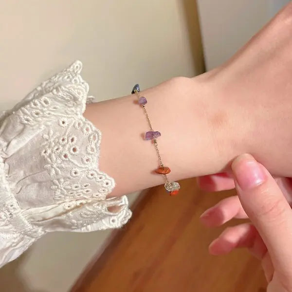Rinhoo Delicate Colorful Natural Stone Bracelet Simple Link Chain Cute Crystal Women Girl Fashion Summer Bracelet