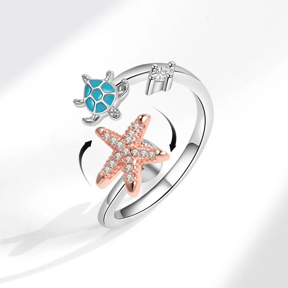 Starfish Fidget Anxiety Ring for Women Spin Relief Anxiety Open Ring Turtle Star Zircon Ring Anillos Anti Ansiedad