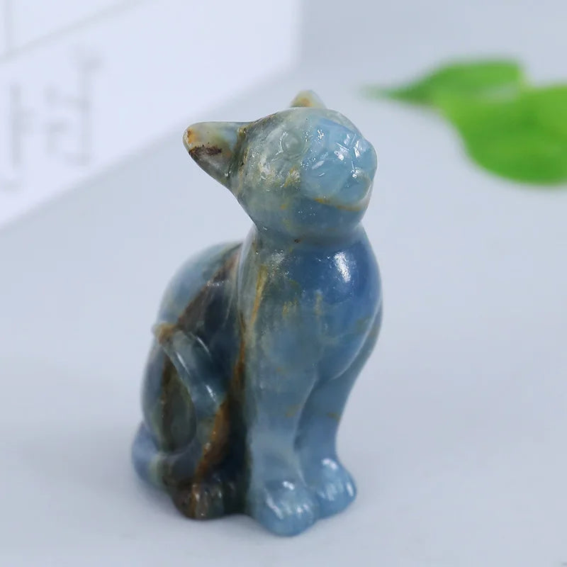 Hand Carved Natural Blue Onyx Egyptian Cat Statue High Quality Gemstone Crystal Sculpture Religious Figurine Home Decoration