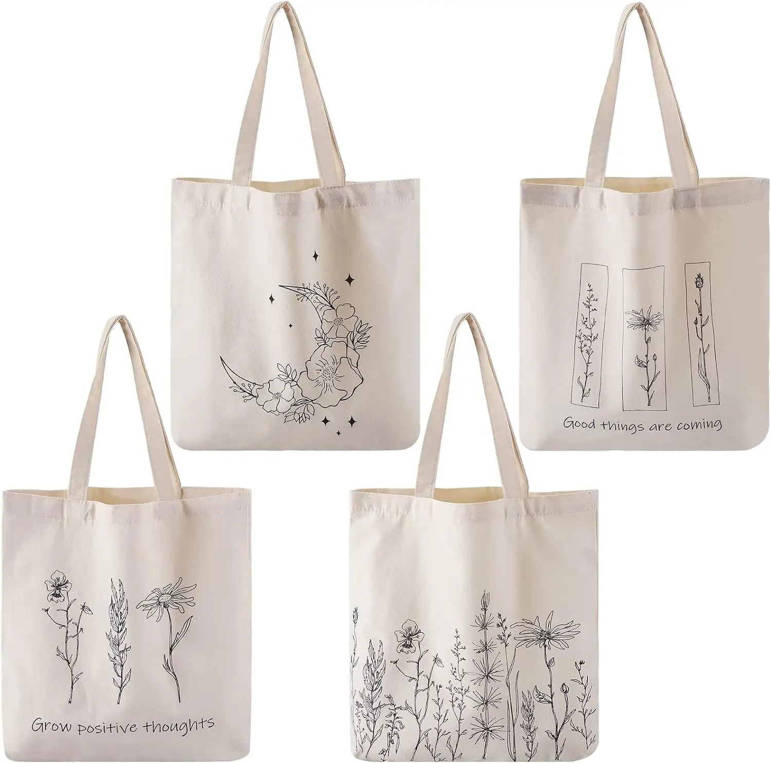 New Women Teenagers Recycled Tote Bags Custom Printed Floral Plant Logo Canvas Cotton Custom Promotion Shopping Bag With Logo