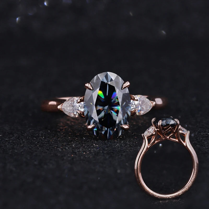 Starsgem Solid Gold Ring 10k Rose Gold 7*10mm Oval Dark Grey Moissanite Ring