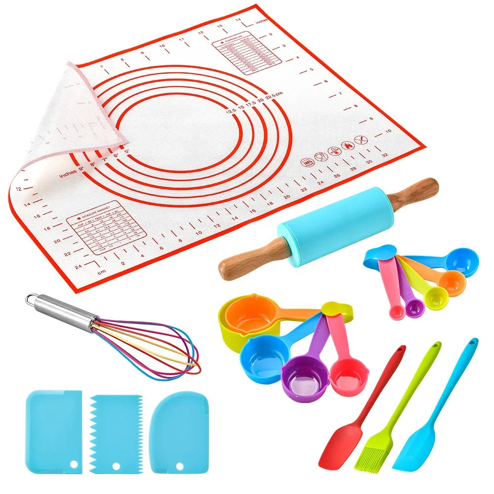 19-Piece Silicone Rolling Pin and Kneading Pad Set Non-Stick Food Flour Stick for Baking Children-Friendly Cooking Tool Suit