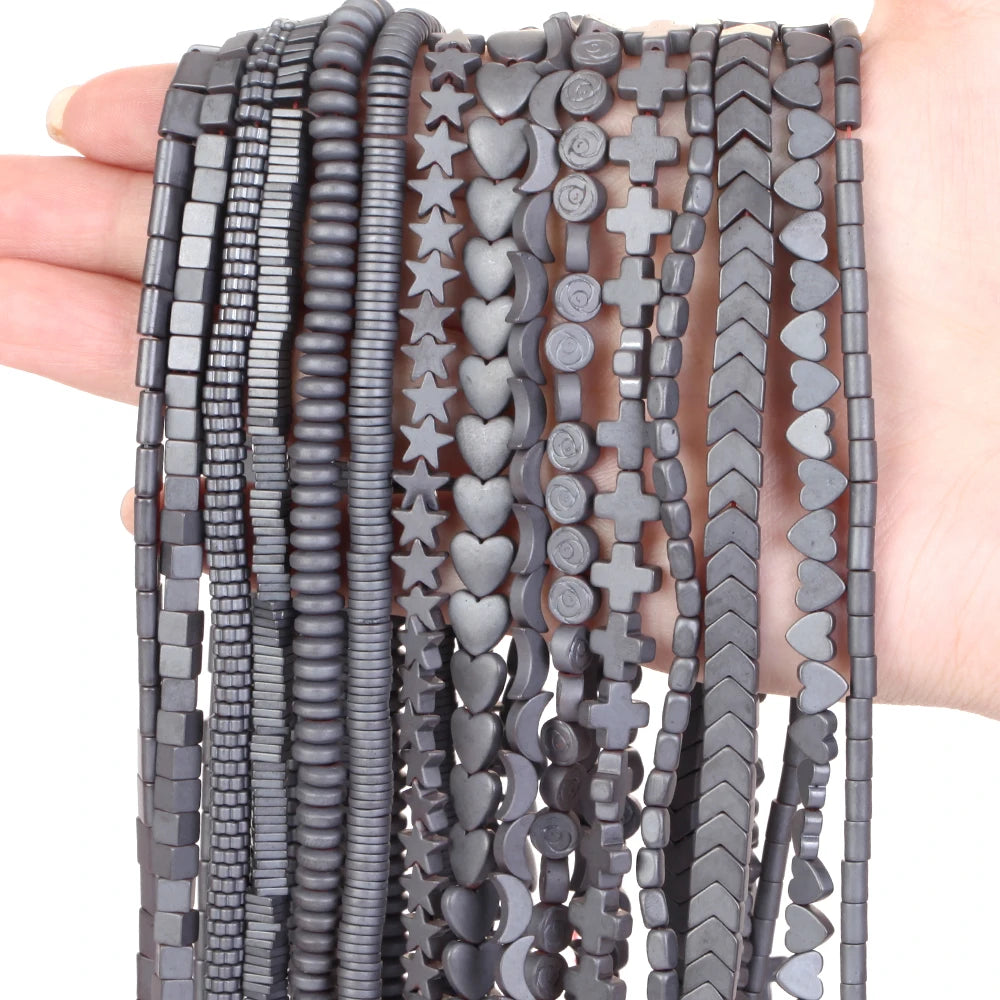 Natural Stone Beads Matte Black Hematite Moon Square Star Shape Spacer Loose Beads for Jewelry Making DIY Bracelet Accessories