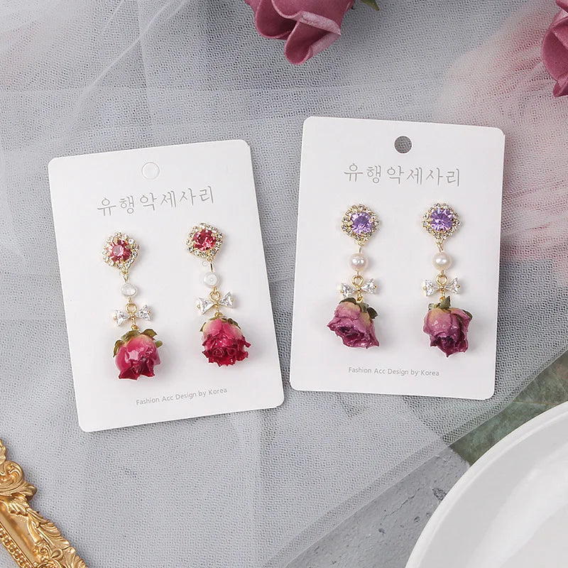 HOVANCI Valentine's Day Jewelry Delicate Dried Flower Drop Earring Gold Plated Geometric Rose Flower Earring for Girls