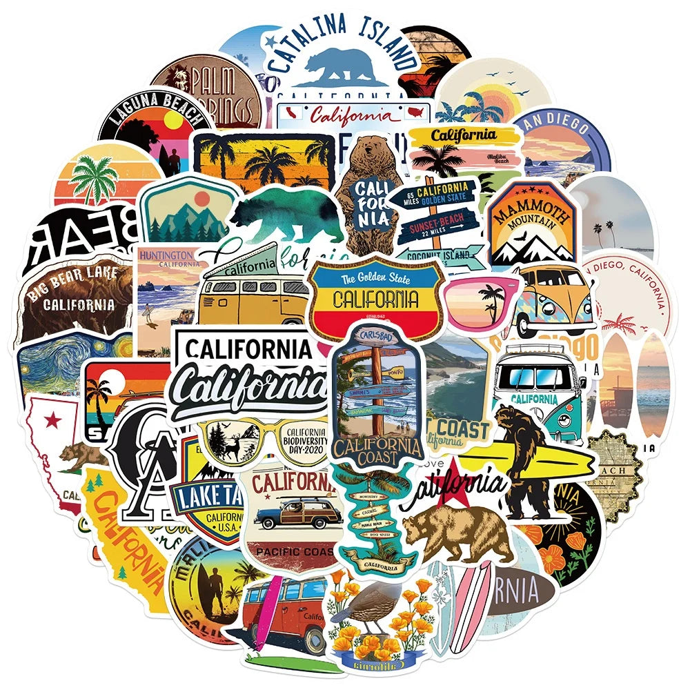 50Pcs Diy Travel Decorative California Graffiti Stickers for Skateboard Luggage Laptop Notebook Phone Stickers
