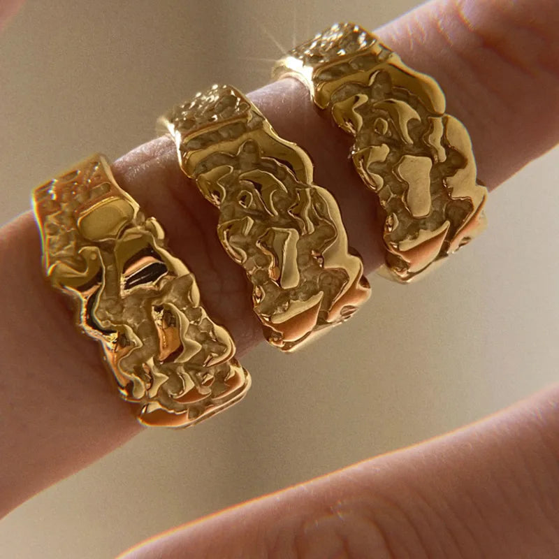 Punk Dainty Multipurpose Lava Pattern Stacking 18K Gold Plated Stainless Steel Women Fashion Jewelry Rings Wholesale Party Gifts