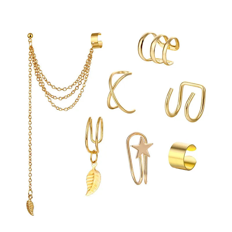 Wholesale Fashionable Alloy Leaf Tassels Earrings Sets Trendy No Piercing Clip-on Earrings Sets for Women