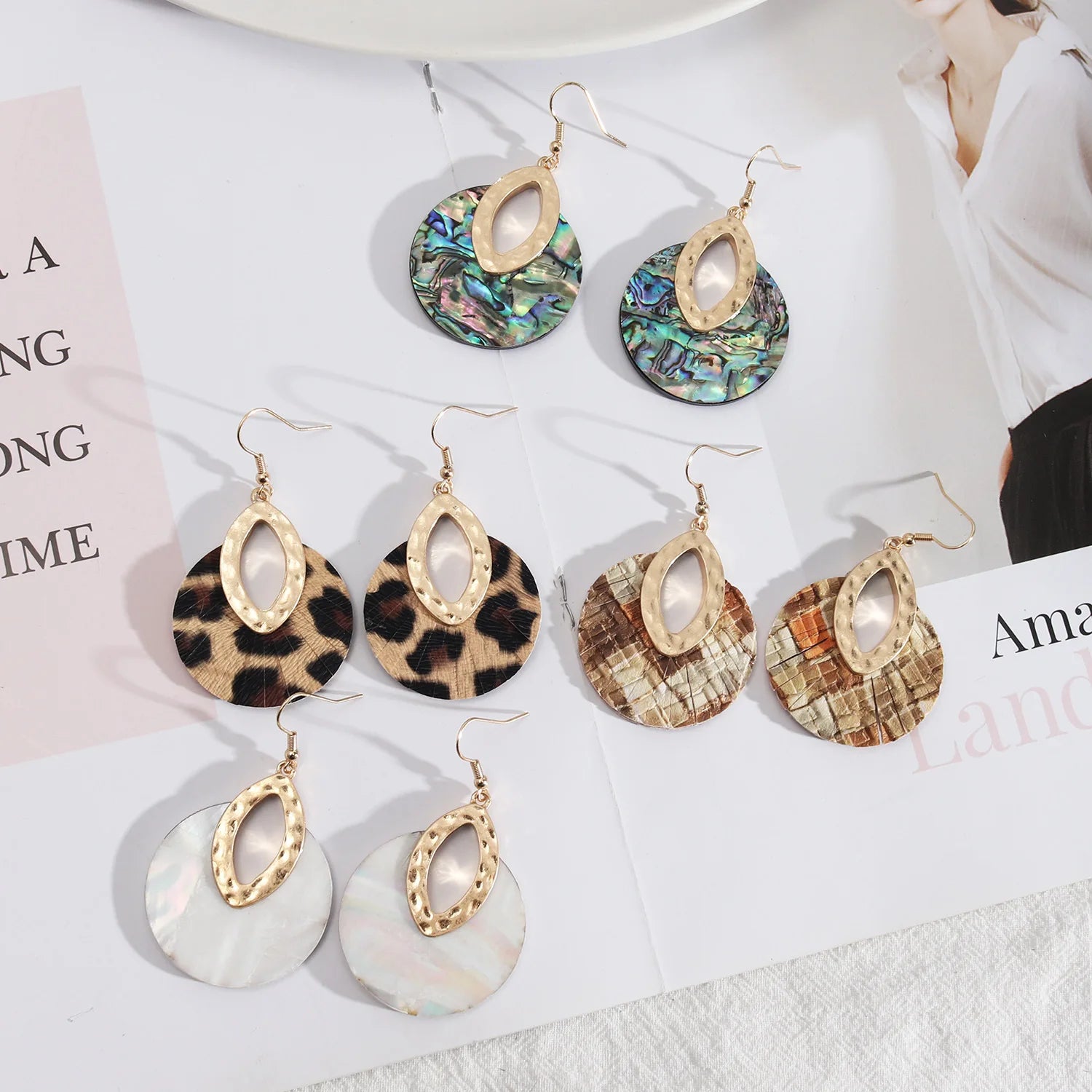 Statement Fashion Round Leather Inlaid Abalone Shell Leopard Drop Earring for Women Girls