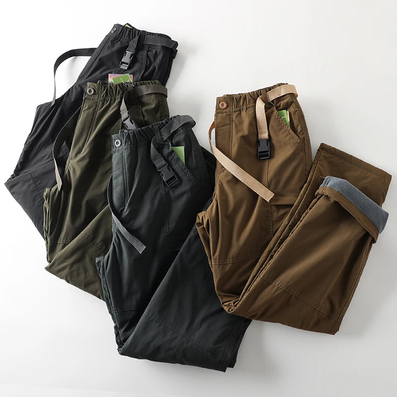 Fashion Leisure Windproof and Waterproof Outdoor Plus Velvet Padded Men Casual Pants Straight Multi-bag Men's Overalls Trousers.
