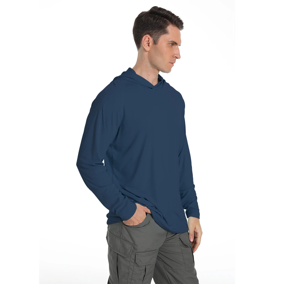 Ready-to-Ship Navy UPF 50 Tech Men's Hooded Fishing Shirts 100% Polyester Quick Dry and Bacterial Resistant Plus Size