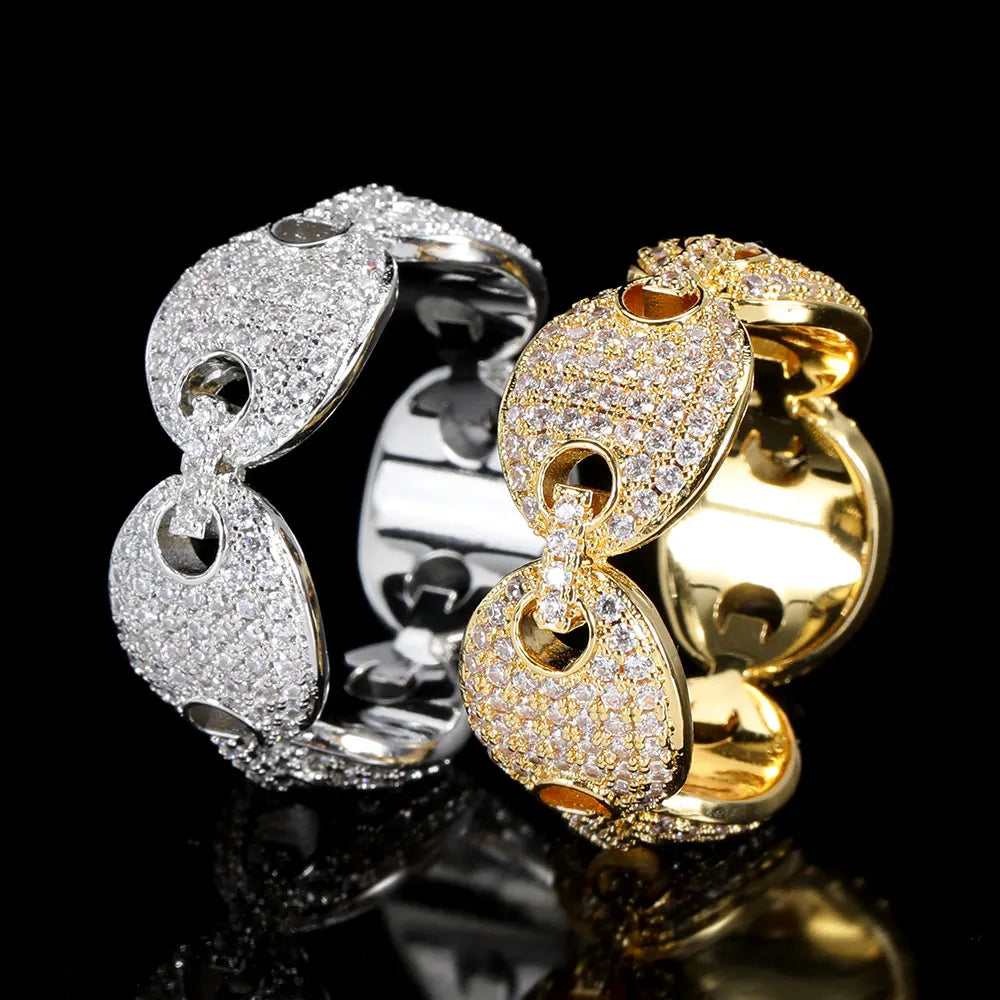 Hip Hop Diamond Ring Jewelry 3A Cubic Zirconia Gold Plated Coffee Bean Iced Rings Women