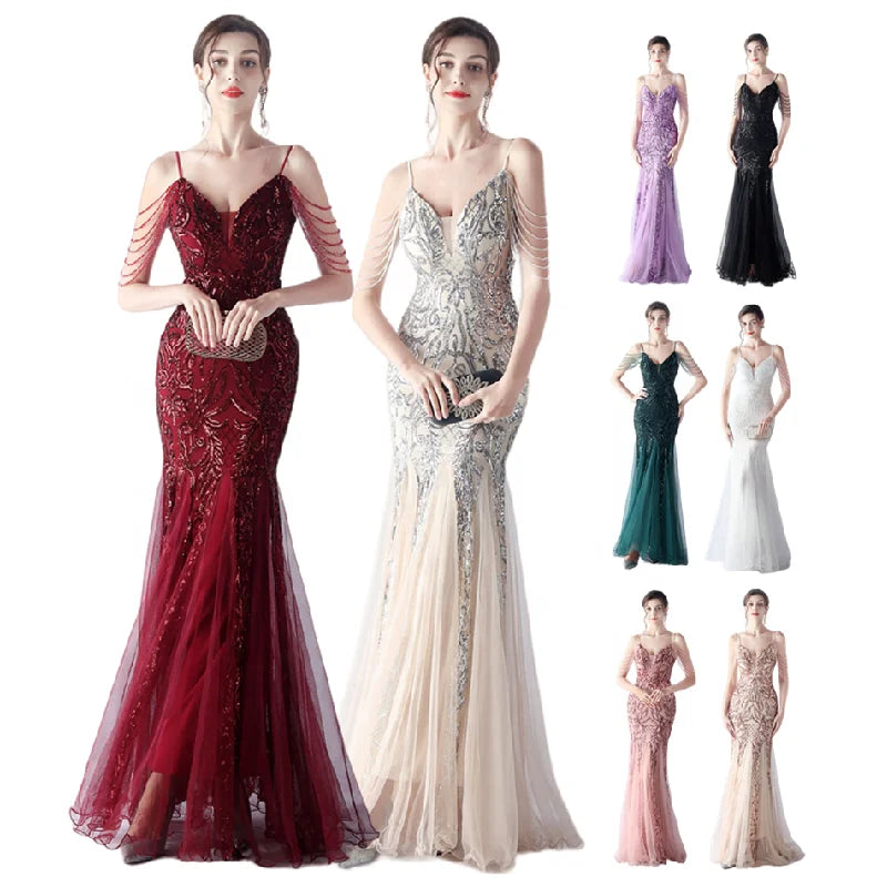 31562 # High End Luxury Evening Dresses Positioning Sequin Flower Mesh Craft Bead Formal Dresses Long Bridesmaid Dresses