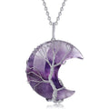 Tree of Life Crescent Moon Silver Plated Zinc Alloy Pendant Necklace with Natural Healing Crystal Quartz Stone for Unisex Wear